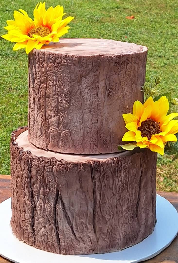 Rustic Tree Log Sunflower Two-Tier Cake